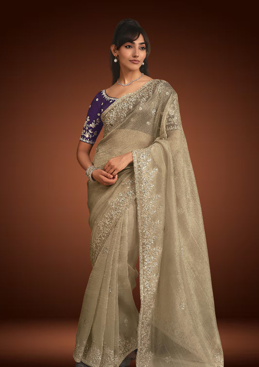 Beige Tissue Organza Saree with Sequin Resham Work & Royal Plum Blouse