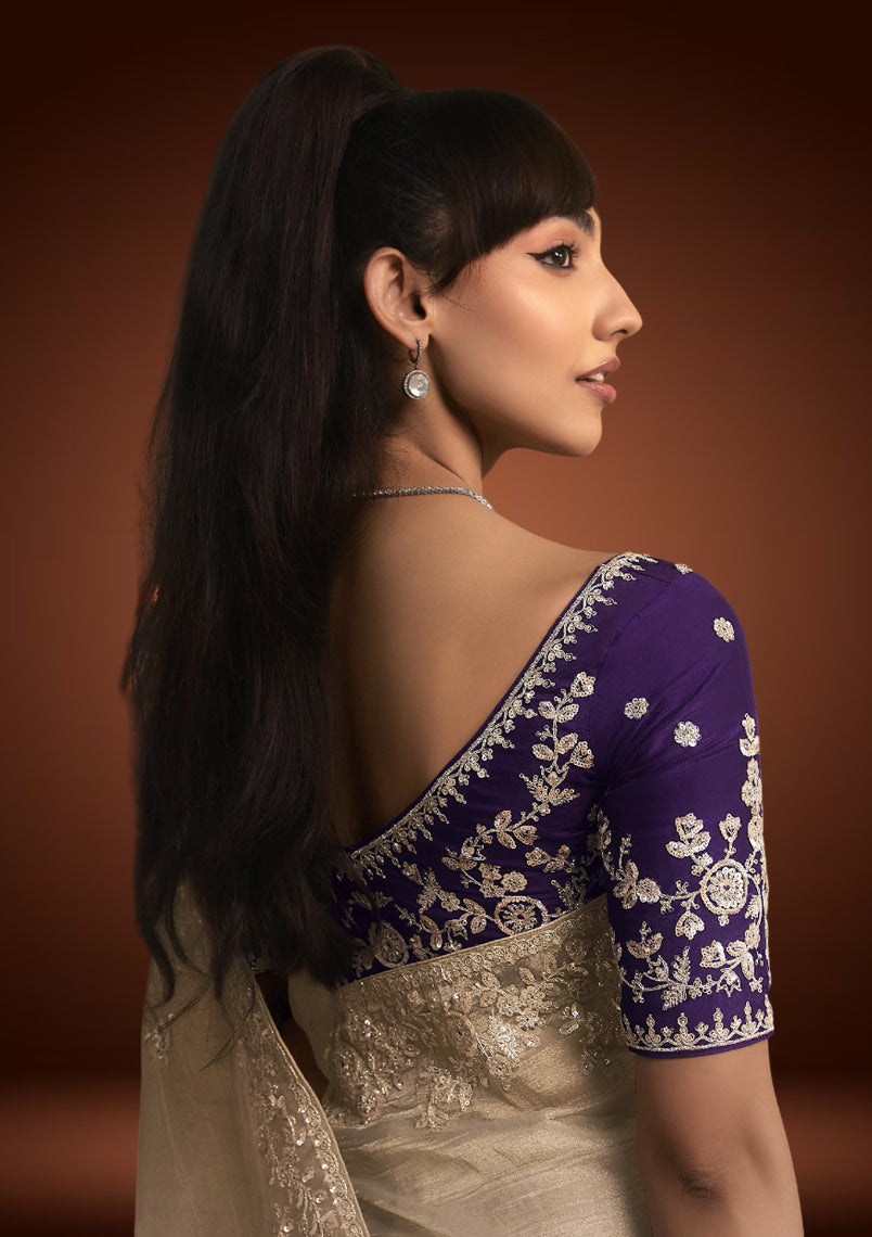 Beige Tissue Organza Saree with Sequin Resham Work & Royal Plum Blouse
