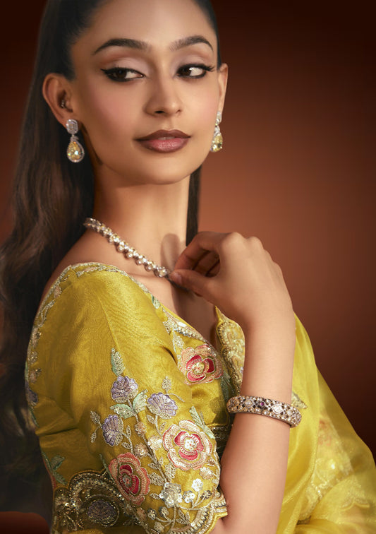Radiant Yellow Tissue Organza Saree with Sequins Resham Embroidery & Matching Blouse