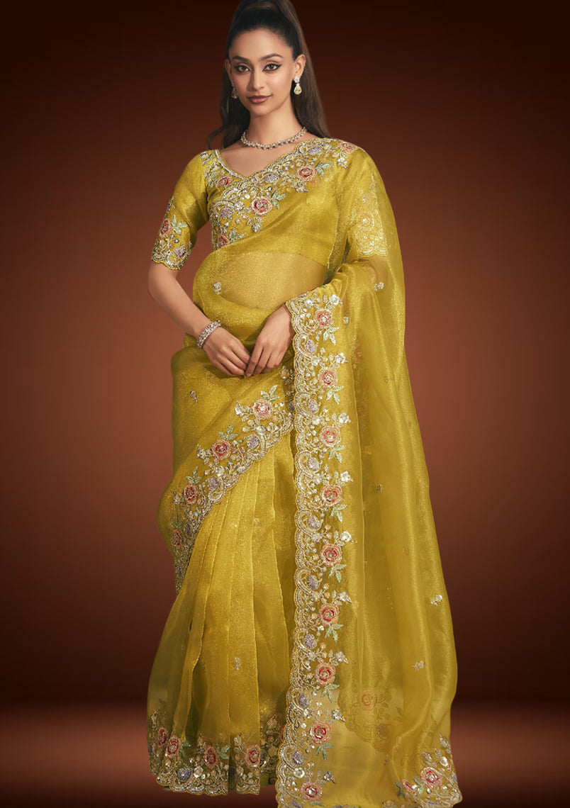 Radiant Yellow Tissue Organza Saree with Sequins Resham Embroidery & Matching Blouse