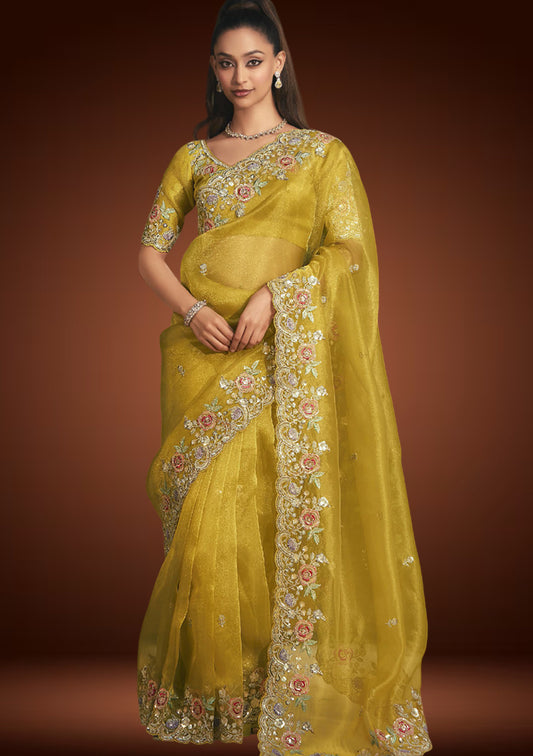 Radiant Yellow Tissue Organza Saree with Sequins Resham Embroidery & Matching Blouse