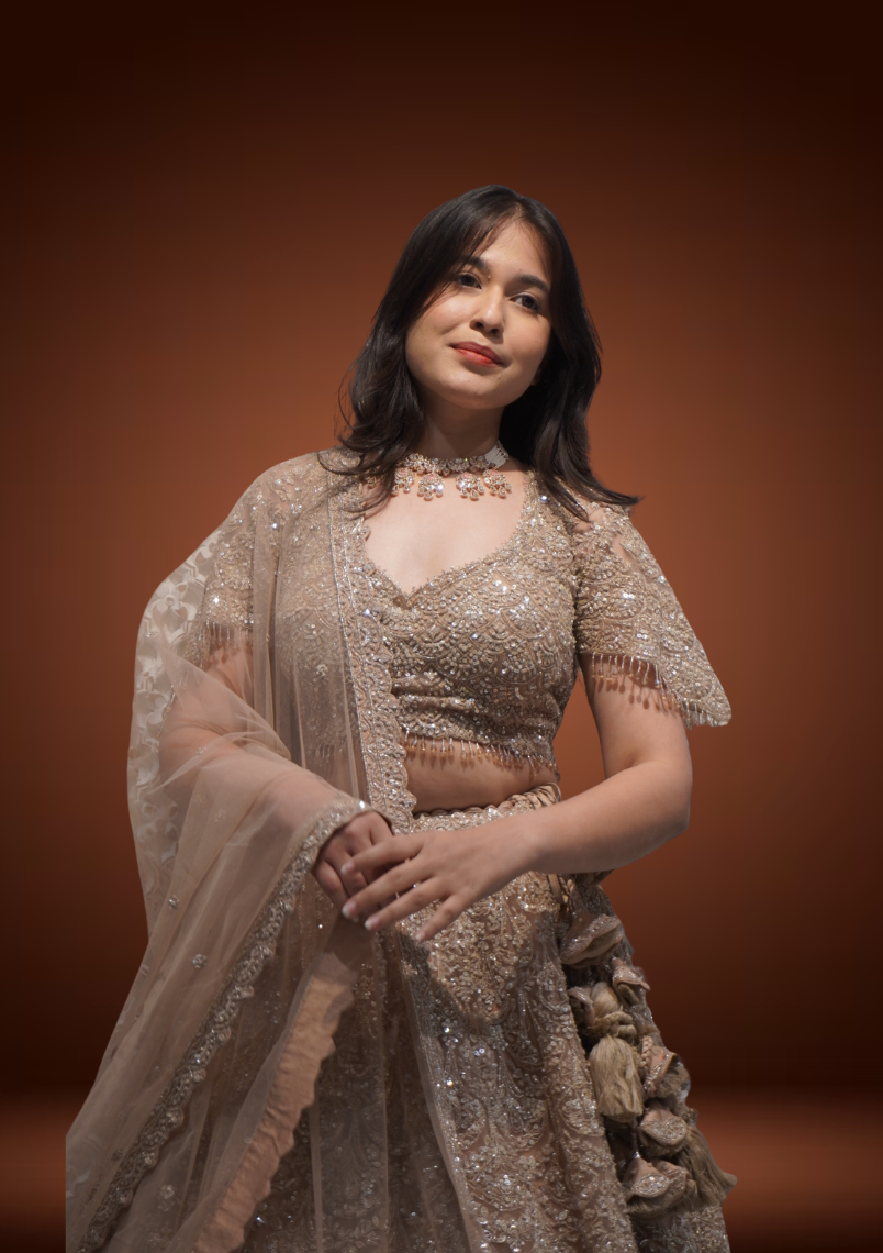 Champagne Gold Net Chaniya Choli with Sequin & Tikki Work