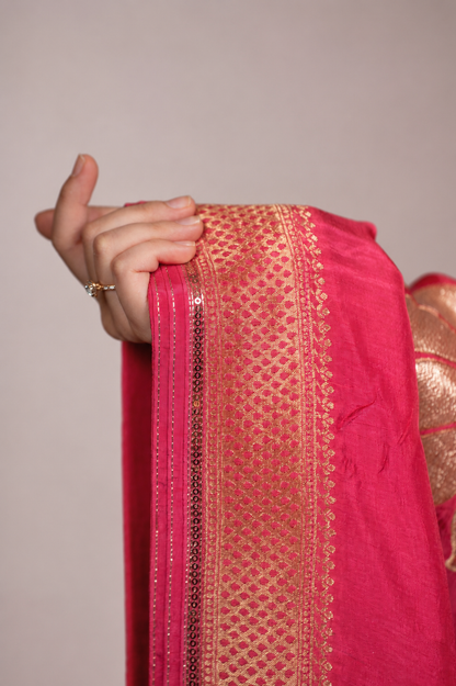 Aqua Blue Embroidered Lehenga Set with Rani PInk Banarasi Dupatta
