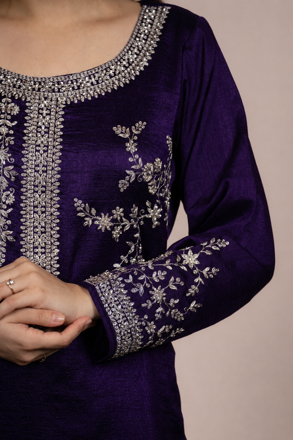 Royal Plum Embroidered Silk Blend Straight Suit Set with Dupatta