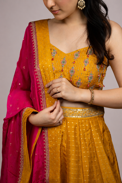 Mustard Yellow Embroidered Lehenga Set with Rani Pink Dupatta