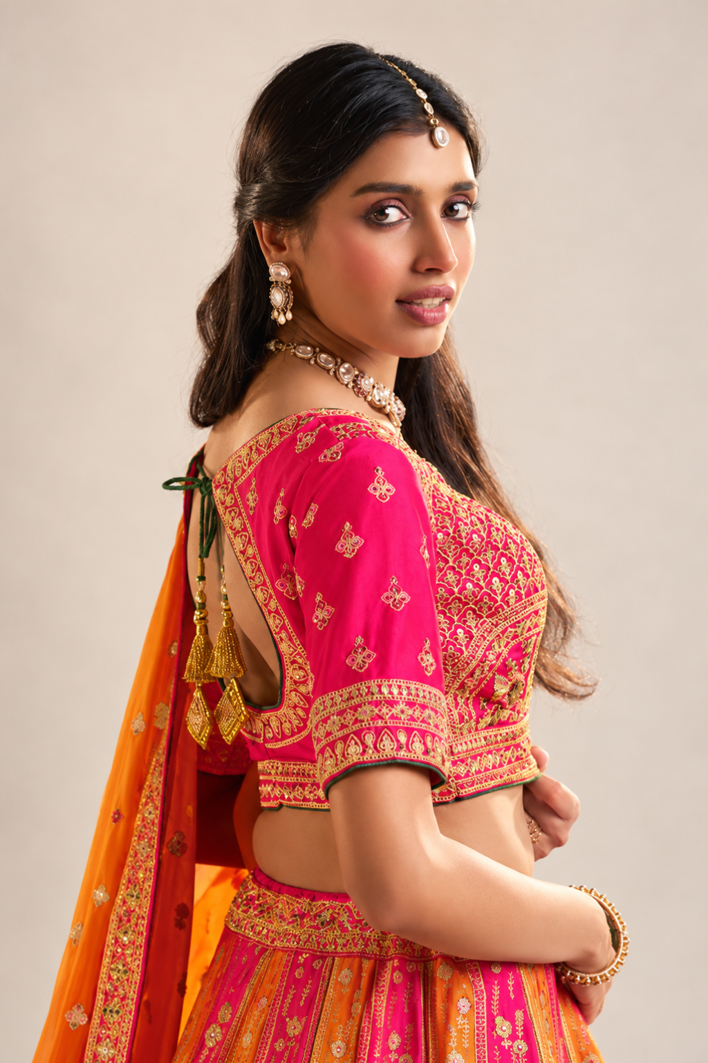 Royal Pink Orange Gold Printed Lehenga Set