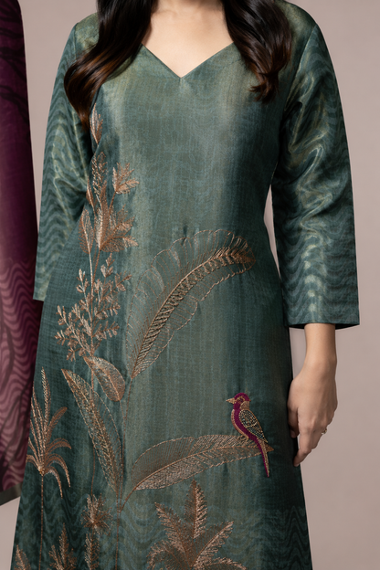 Forest Bloom Embroidered Straight Suit Set with Printed Dupatta