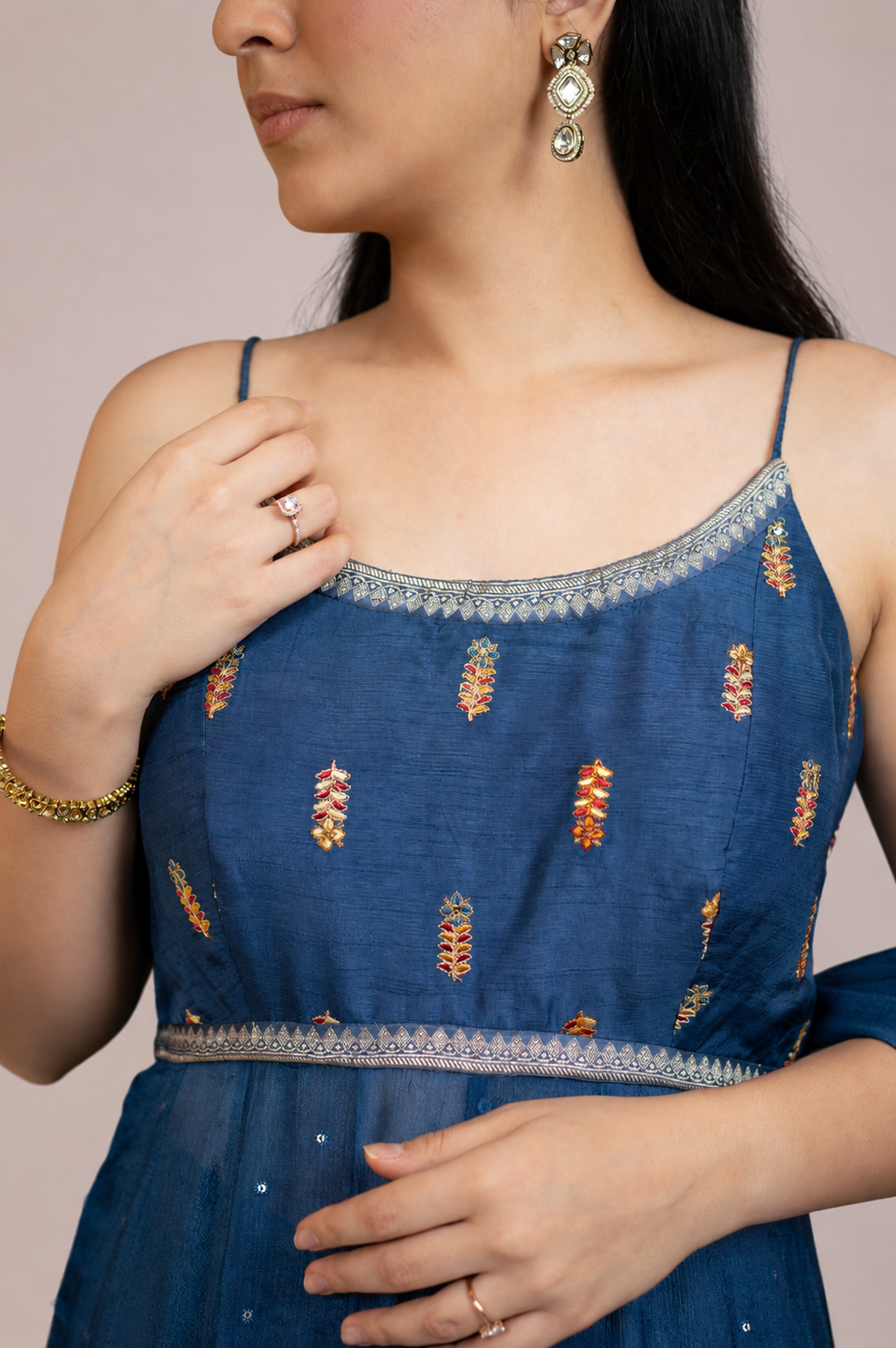 Midnight Blue Embellished Spaghetti Strap Anarkali Suit Set with Dupatta