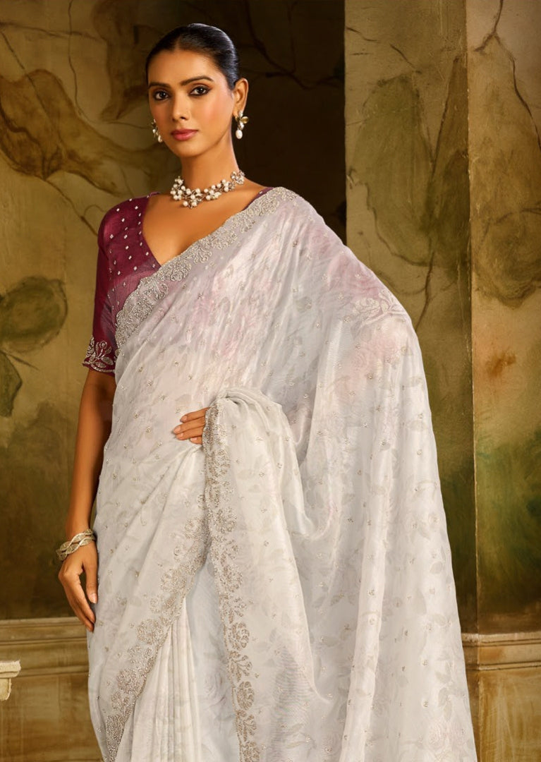 White Chiffon Saree with Lace Border