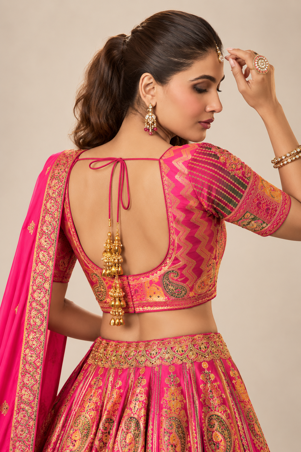 Royal Pink Gold Designer Lehenga Set with Magenta Dupatta