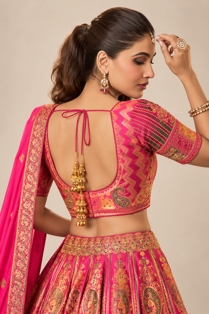 Royal Pink Gold Designer Lehenga Set with Magenta Dupatta