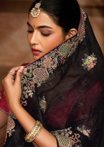 Load image into Gallery viewer, Black Georgette Saree with Floral Embroidery
