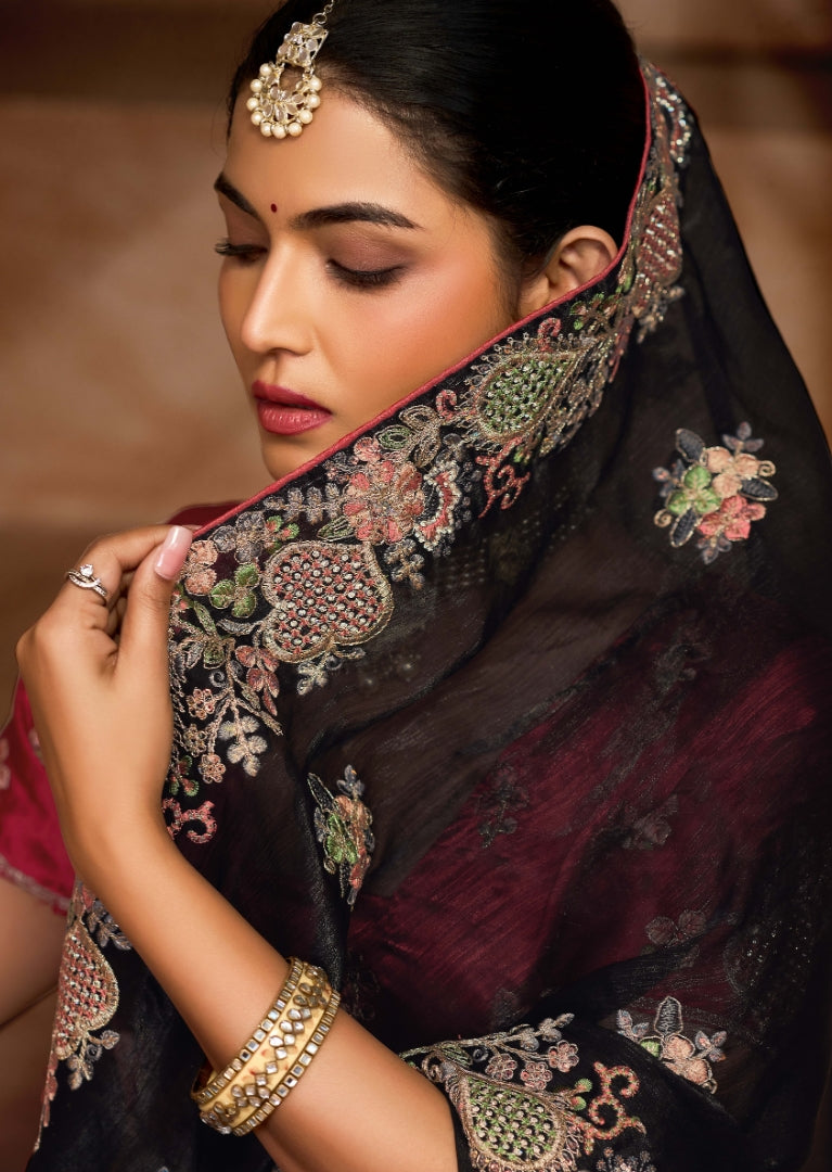 Black Georgette Saree with Floral Embroidery