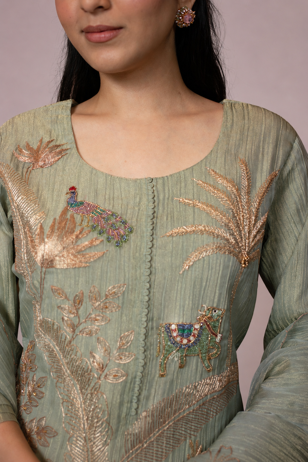 Sage Bloom Embroidered Straight Suit Set with Dupatta