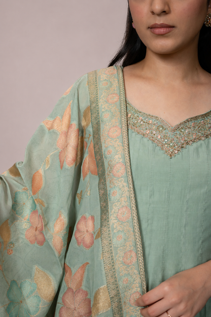 Mint Blossom Anarkali Suit Set with Floral Dupatta