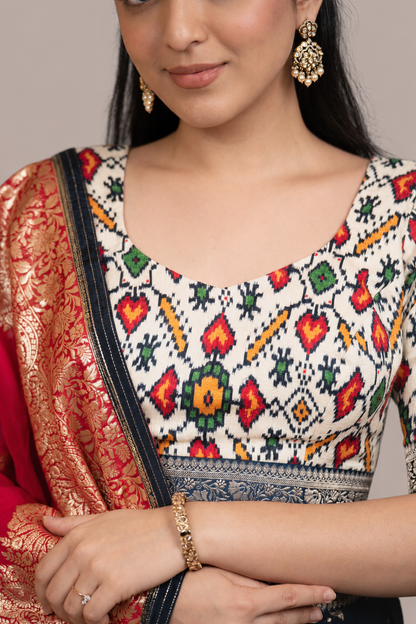 Navy Blue Printed Lehenga Set with Rani Pink Banarasi Dupatta