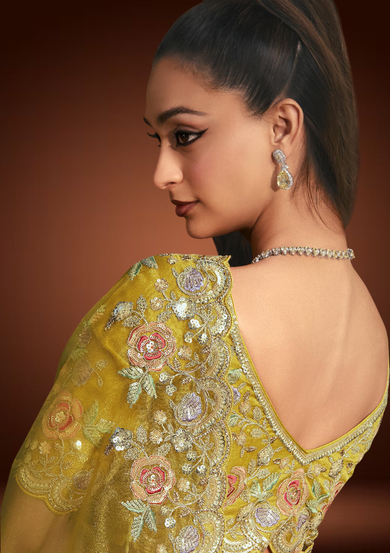 Radiant Yellow Tissue Organza Saree with Sequins Resham Embroidery & Matching Blouse