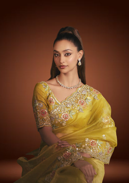 Radiant Yellow Tissue Organza Saree with Sequins Resham Embroidery & Matching Blouse