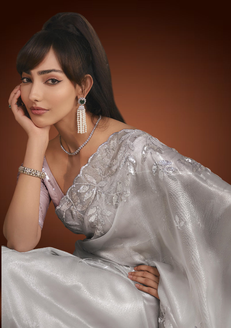 Silver Tissue Organza Saree with Sequins Detailing & Pastel Pink Blouse