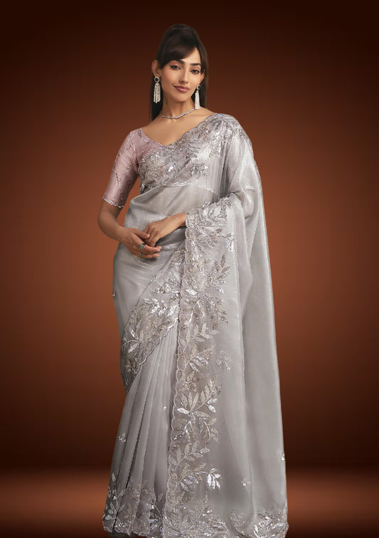 Silver Tissue Organza Saree with Sequins Detailing & Pastel Pink Blouse