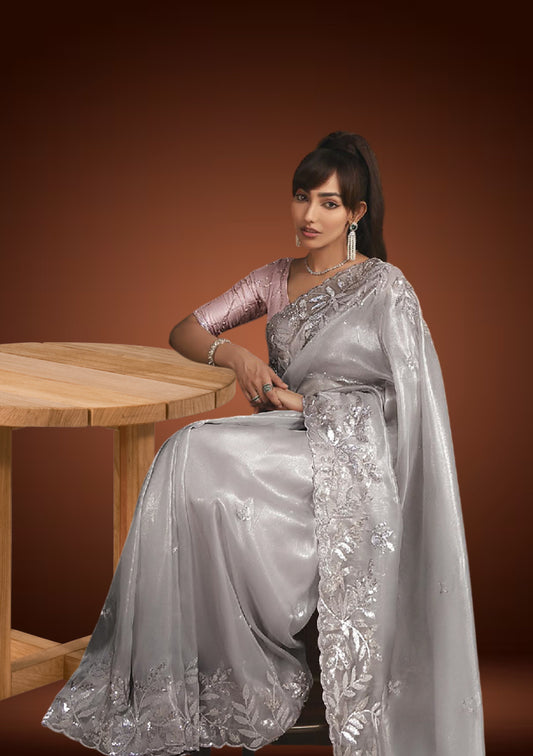 Silver Tissue Organza Saree with Sequins Detailing & Pastel Pink Blouse