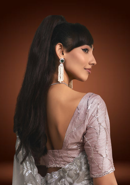 Silver Tissue Organza Saree with Sequins Detailing & Pastel Pink Blouse