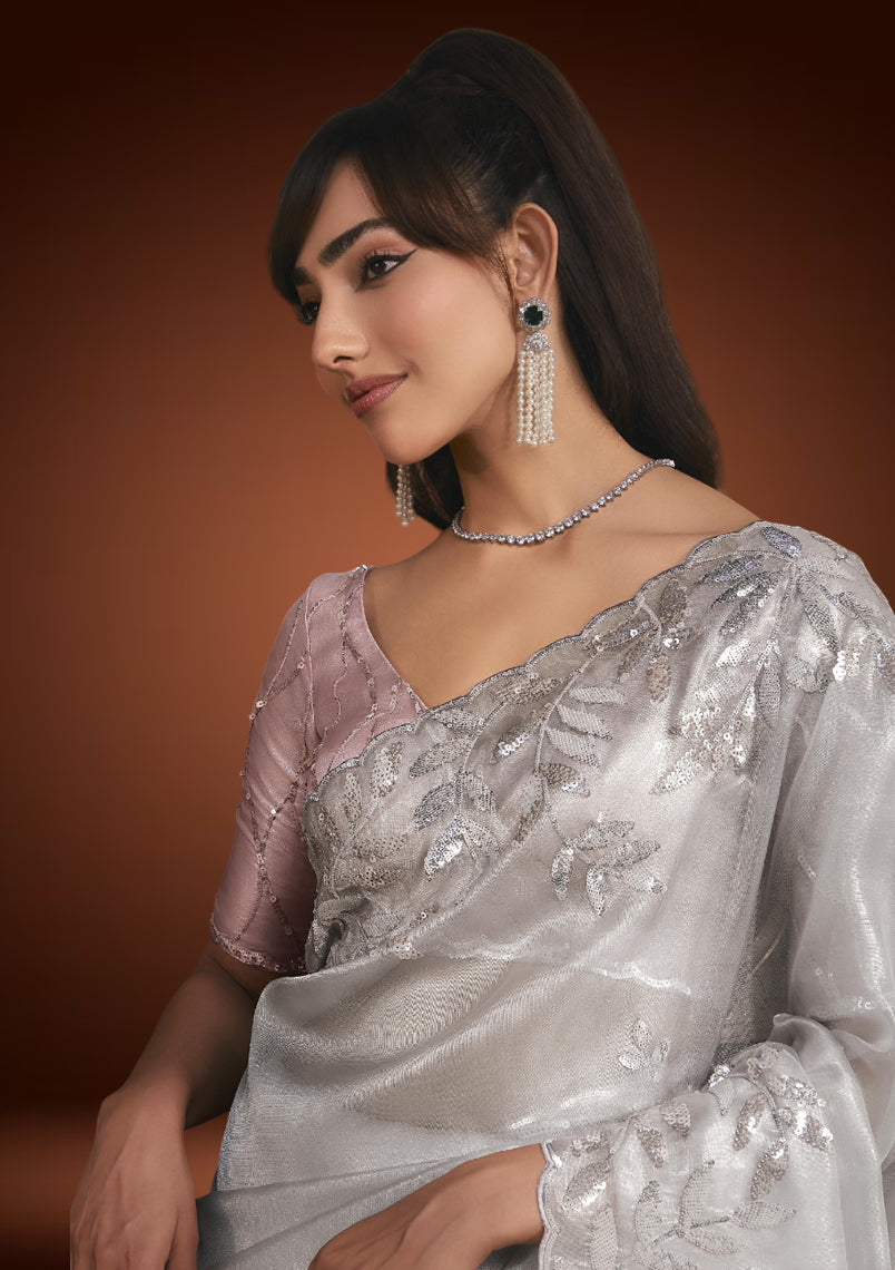 Silver Tissue Organza Saree with Sequins Detailing & Pastel Pink Blouse