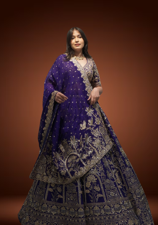 Royal Purple Banarasi Silk Chaniya Choli with Kardana Tikki Work