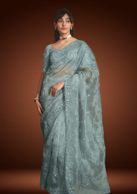Light Aqua Blue Tissue Organza Saree with Sequins Embroidery