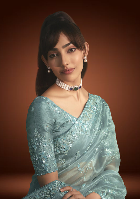 Light Aqua Blue Tissue Organza Saree with Sequins Embroidery