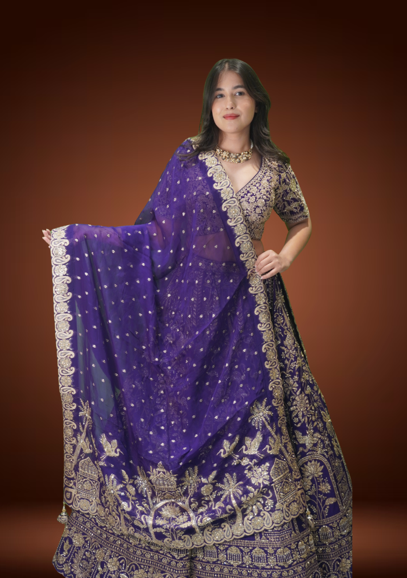 Royal Purple Banarasi Silk Chaniya Choli with Kardana Tikki Work