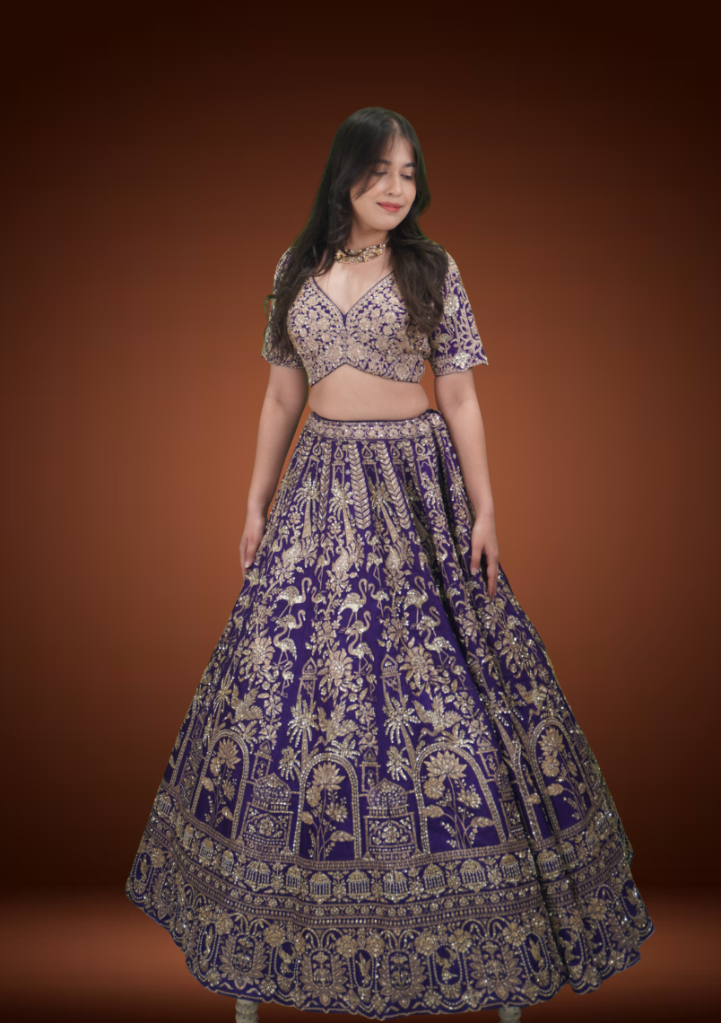 Royal Purple Banarasi Silk Chaniya Choli with Kardana Tikki Work
