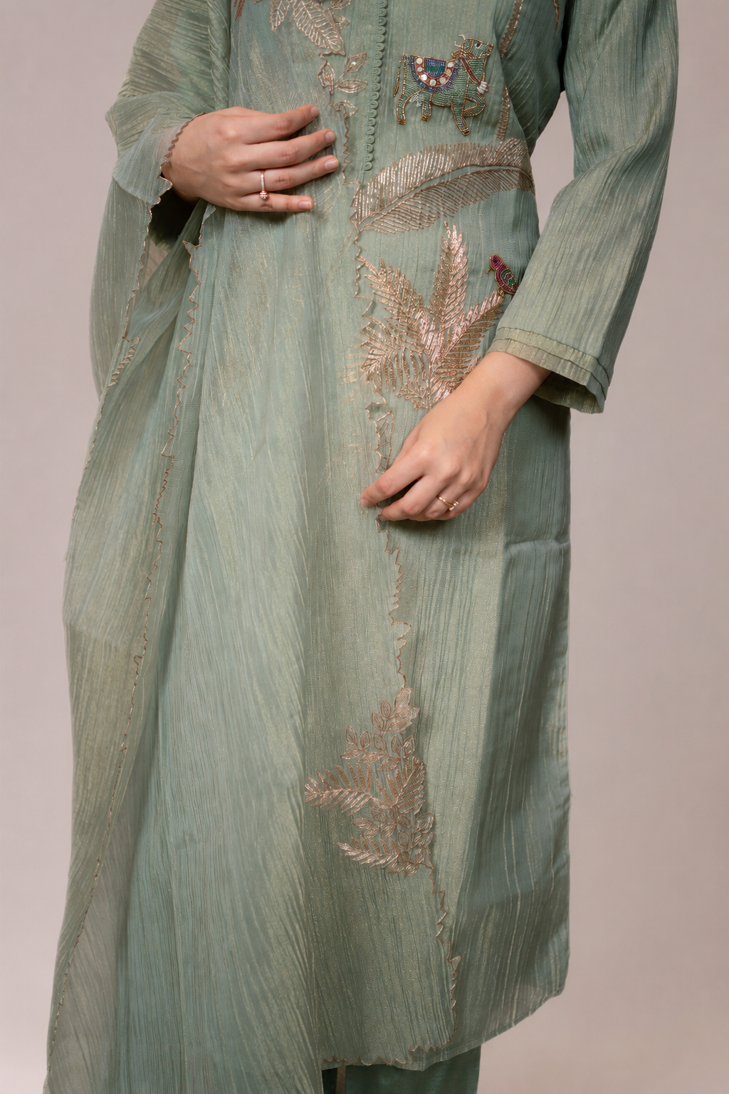 Sage Bloom Embroidered Straight Suit Set with Dupatta