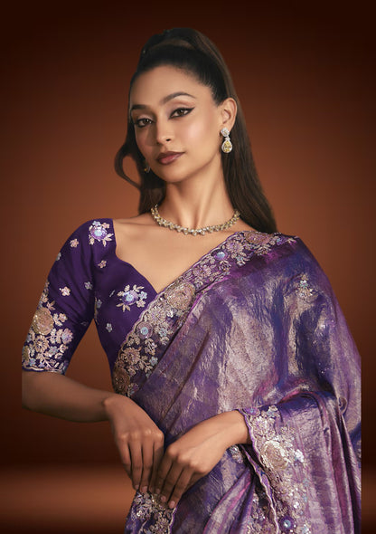 Lavender Purple Tissue Organza Saree with Sequins Detailing
