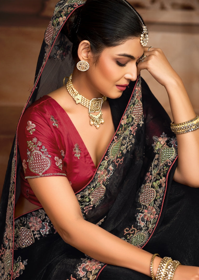 Black Georgette Saree with Floral Embroidery