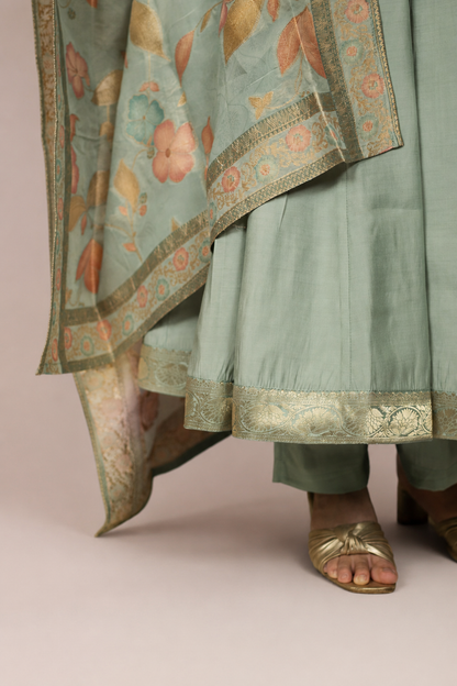 Mint Blossom Anarkali Suit Set with Floral Dupatta