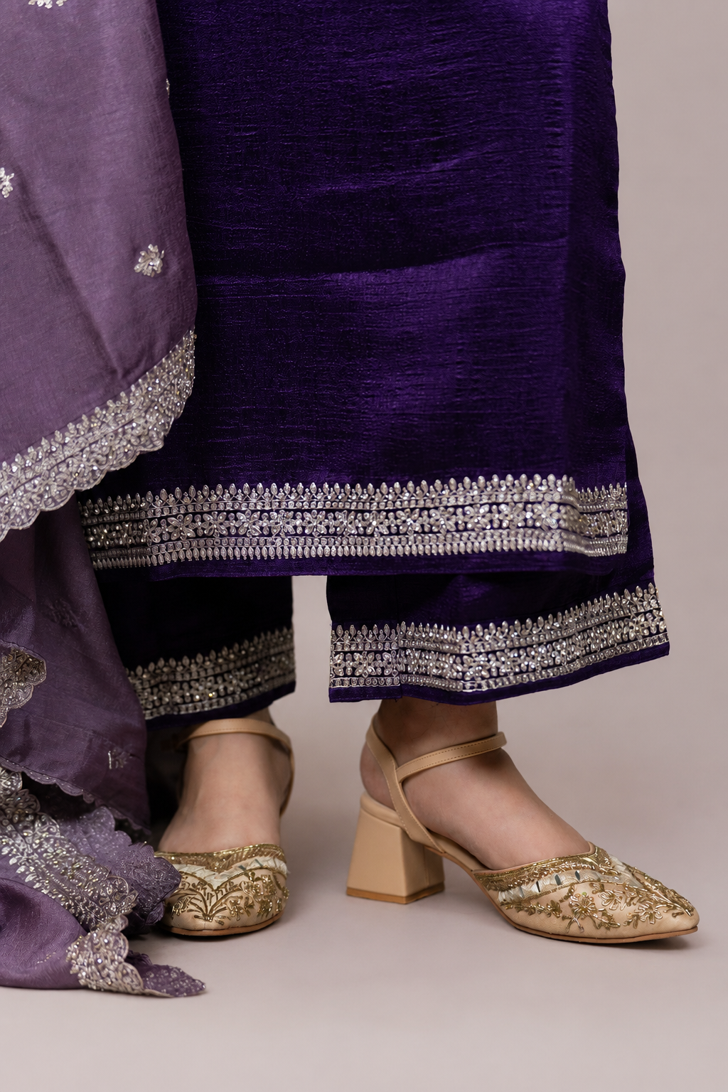Royal Plum Embroidered Silk Blend Straight Suit Set with Dupatta