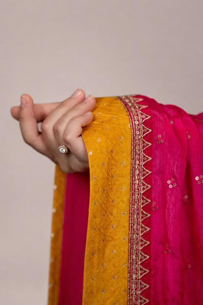 Mustard Yellow Embroidered Lehenga Set with Rani Pink Dupatta