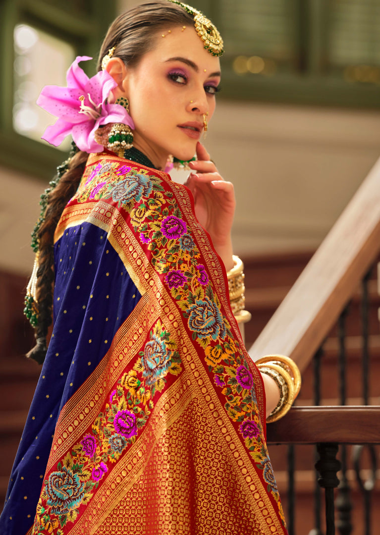 Navy Blue Banarasi Silk Saree with Floral Embroidered Border