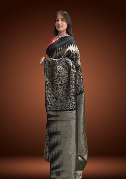 Classic Black Kanjivaram Silk Saree with Sikarka Jal Weave