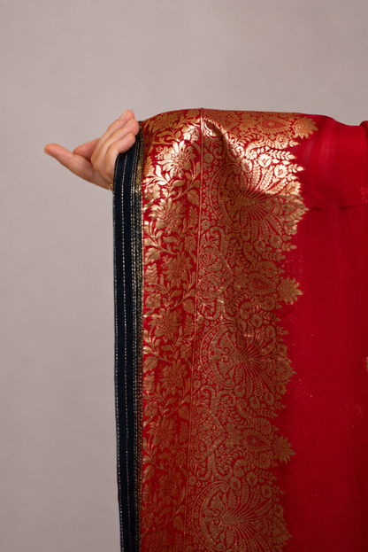 Navy Blue Printed Lehenga Set with Rani Pink Banarasi Dupatta