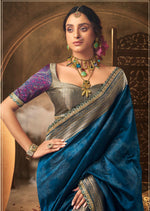 Load image into Gallery viewer, Blue Banarasi Silk Saree with Golden Zari Border
