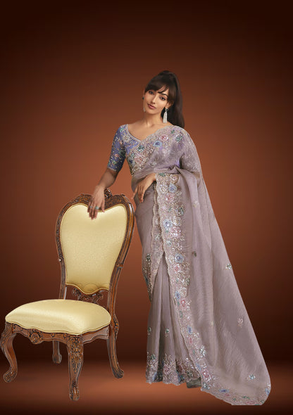 Dusty Lilac Tissue Organza Saree with Sequins Work & Pastel Lavender Blouse