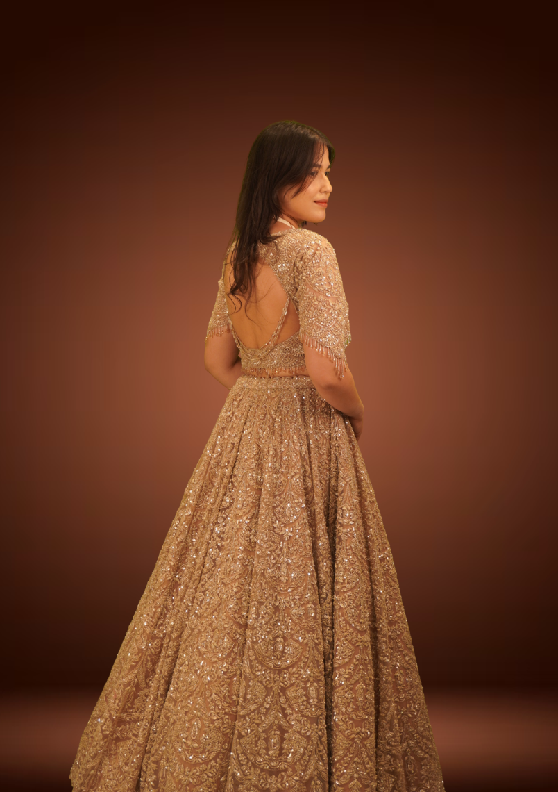 Champagne Gold Net Chaniya Choli with Sequin & Tikki Work