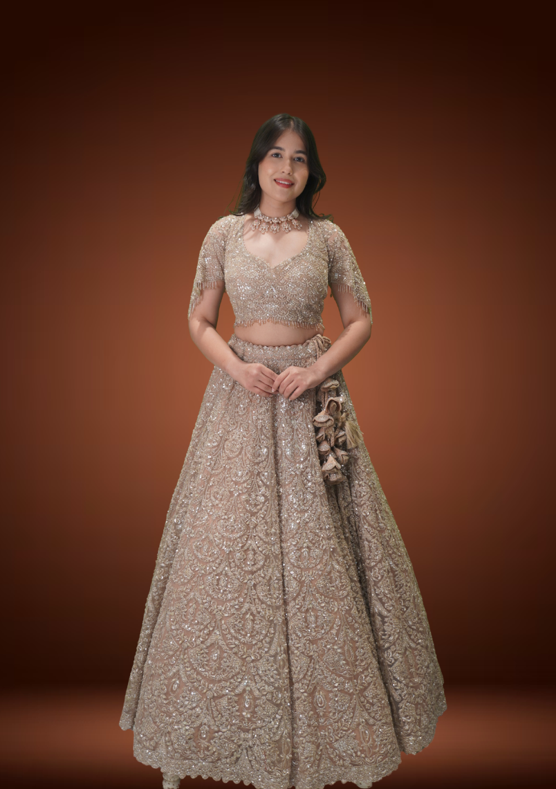 Champagne Gold Net Chaniya Choli with Sequin & Tikki Work