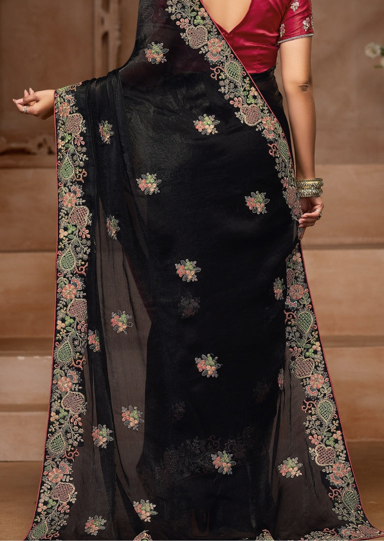 Black Georgette Saree with Floral Embroidery