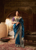 Load image into Gallery viewer, Blue Banarasi Silk Saree with Golden Zari Border
