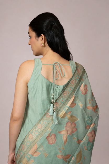 Mint Blossom Anarkali Suit Set with Floral Dupatta