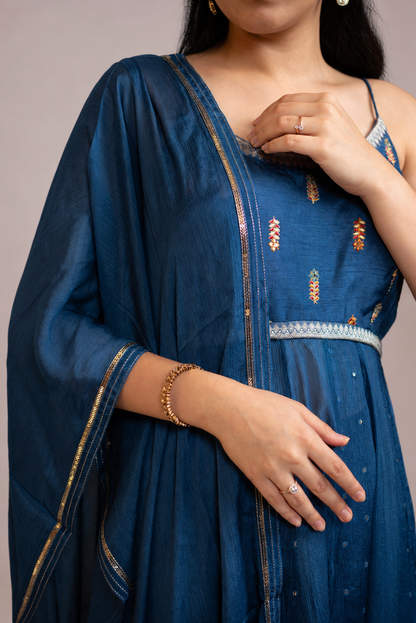 Midnight Blue Embellished Spaghetti Strap Anarkali Suit Set with Dupatta