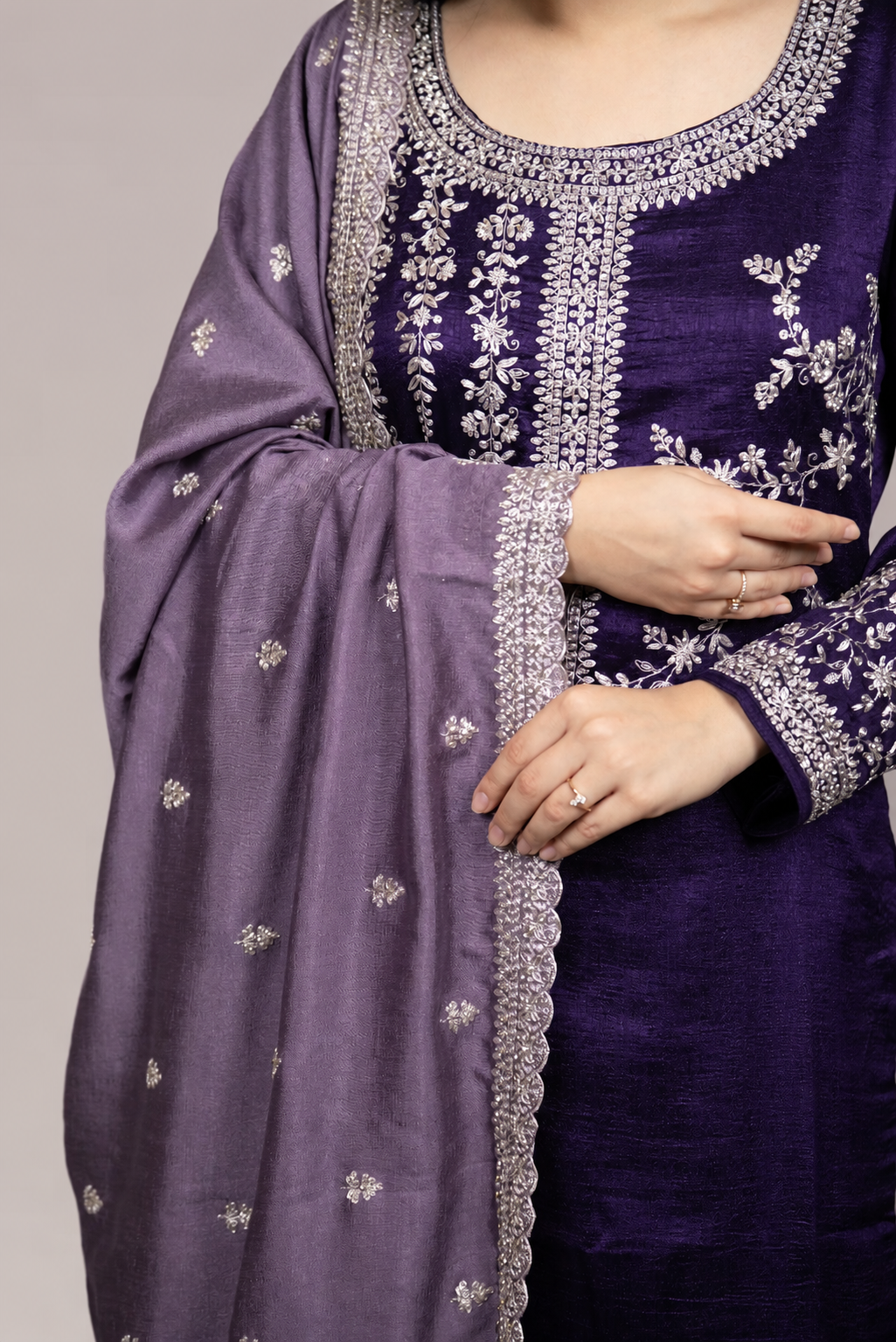 Royal Plum Embroidered Silk Blend Straight Suit Set with Dupatta